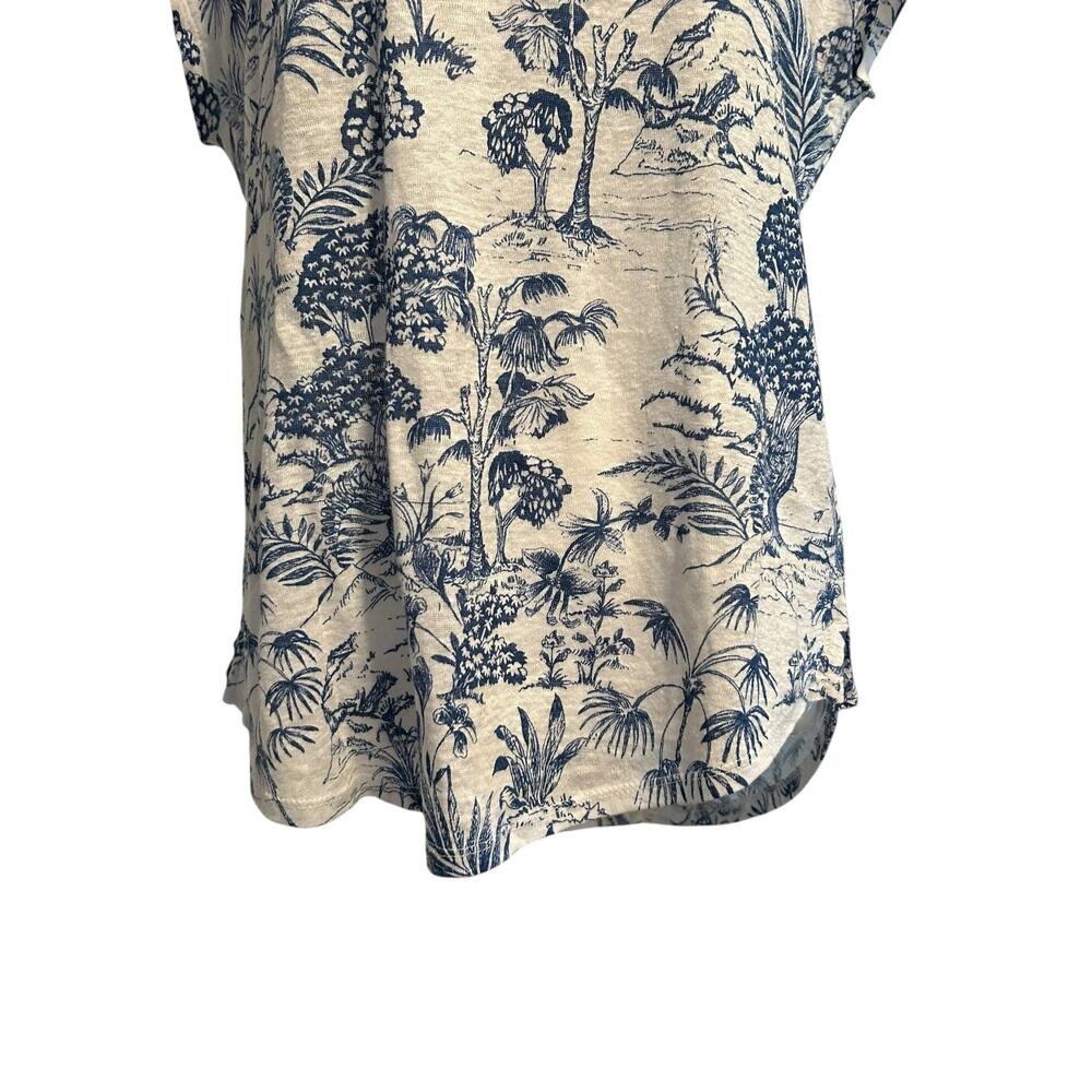 Blue White Linen Tropical Toile Print Cap Sleeve Top Coastal Grandmother S - Picture 10 of 13